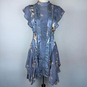 NWT AllSaints Fleur Kuroyuri Dress Blue Floral Chiffon Mock Neck Ruffle Sleeve M
